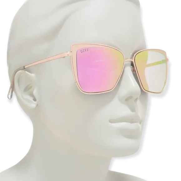 DIFF Grace Sunglasses Rose Gold Pink Iridescent Mirror Lenses Cateye NWT - Picture 4 of 10